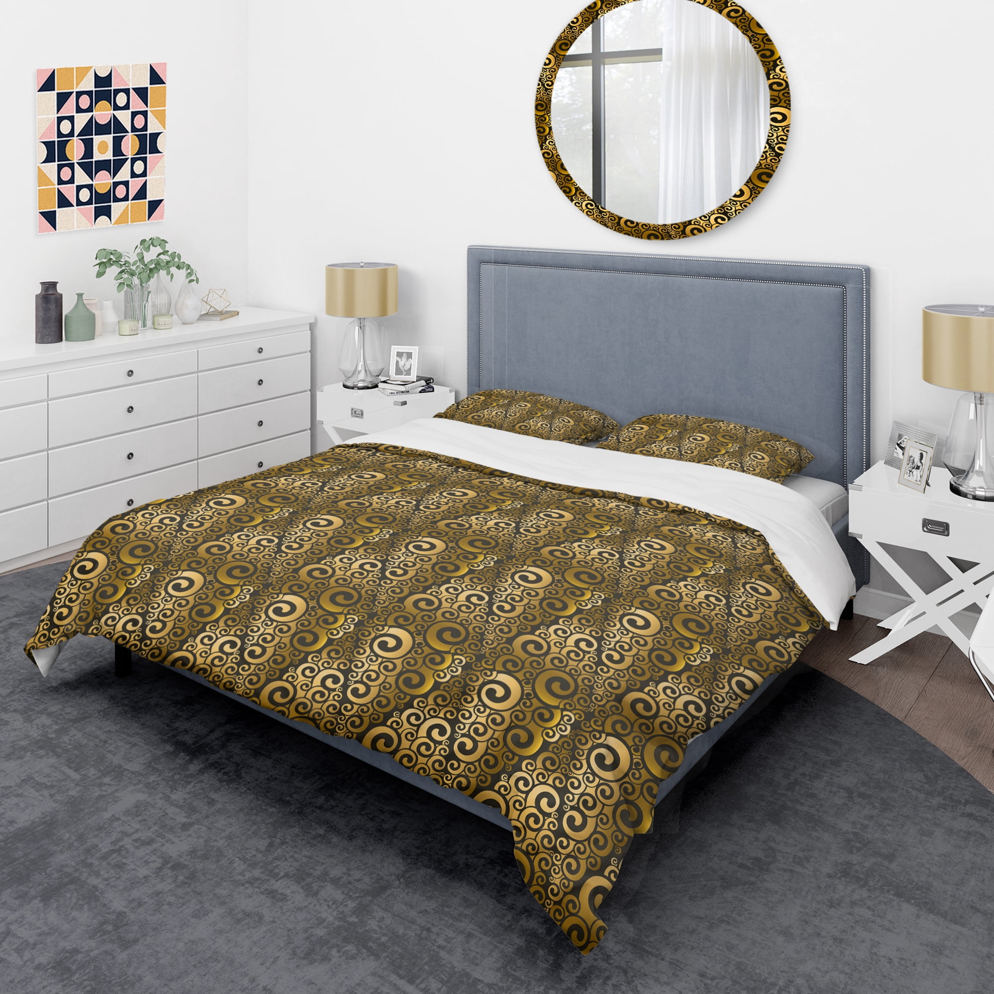 Designart 'Gold And Black Swirl I' Mid-Century Modern Duvet Cover Set