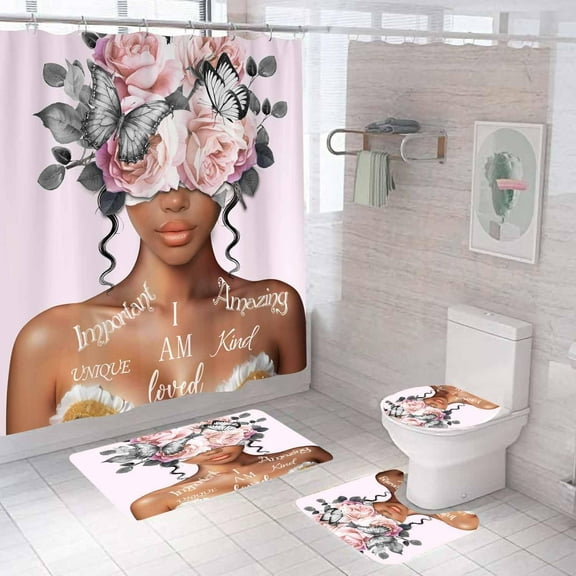 4PCS Black Girl Shower Curtain Sets with Rugs, Waterproof Fabric Pink Shower Curtain, African American Black Women Inspirational Quotes Butterfly Peony Floral Fashion Afro Lady Bathroom Decor