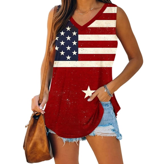 Rciityk Plus Size Women's Tank Tops Loose Fit V Neck Striped Star Printed Sleeveless Top - 4th of July Casual Top