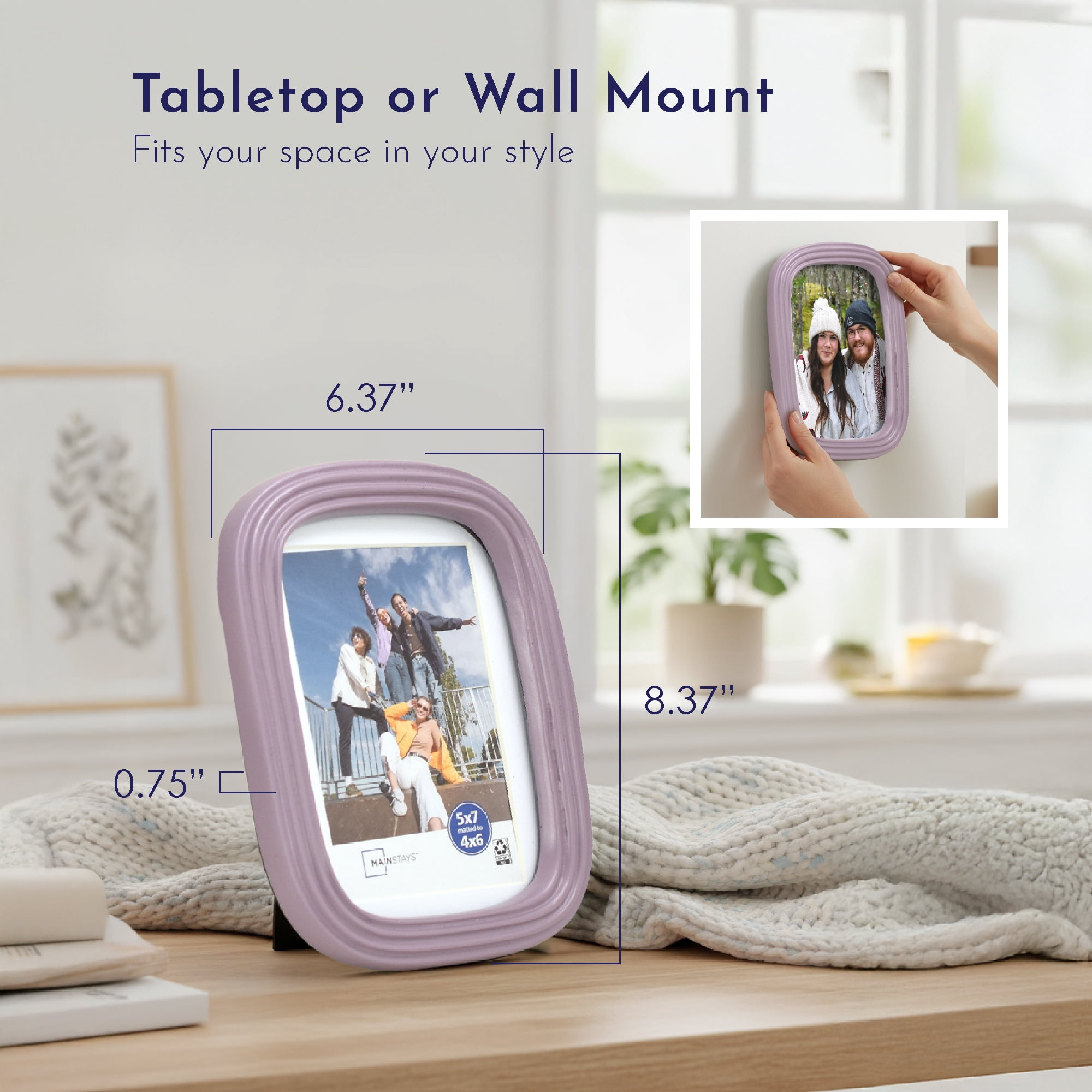 Mainstays Hazy Purple Ribbed Rounded Corner 5x7 Picture Frame Matted to 4x6, Hazy Purple Photo Frame for Wall, Tabletop Display