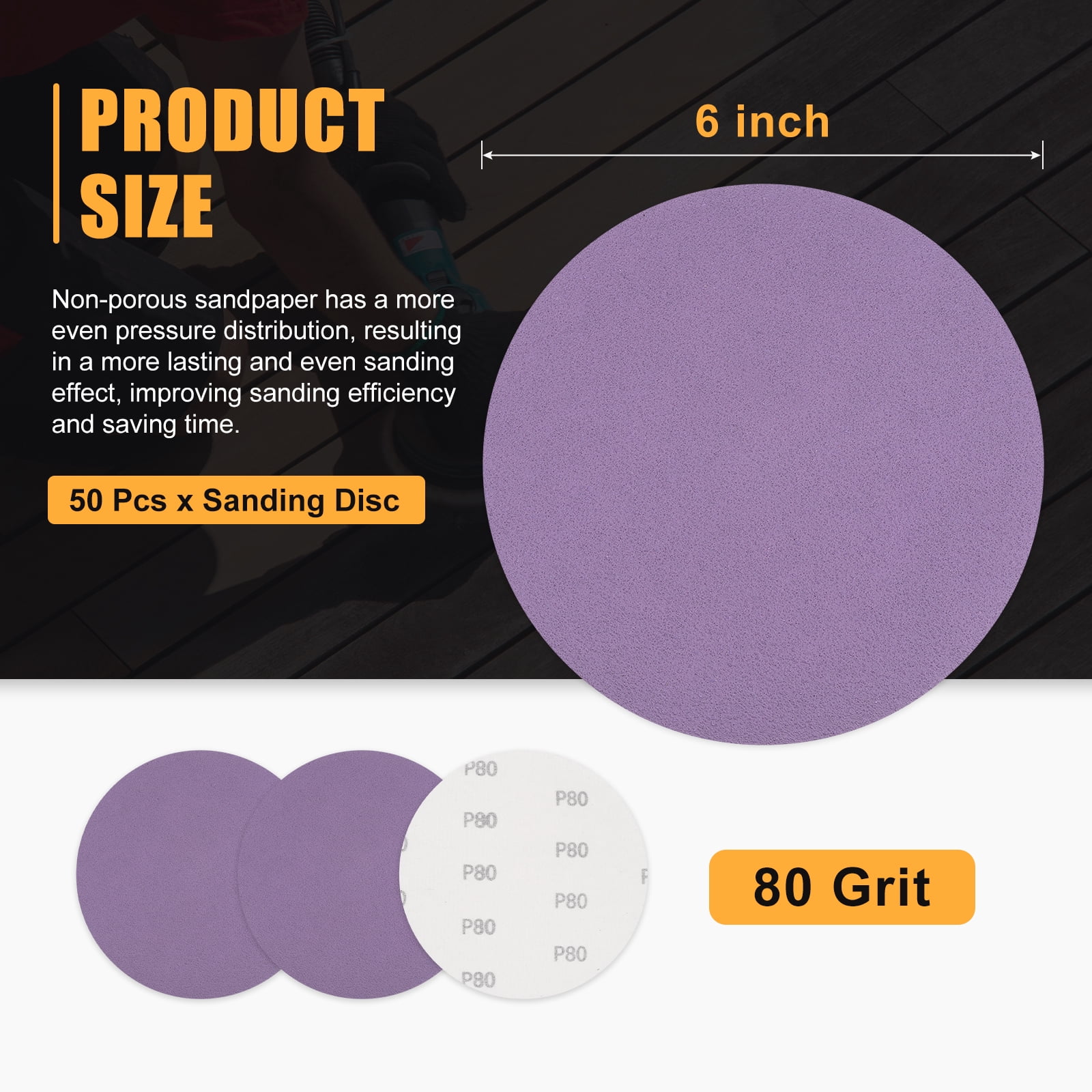 50 Pcs 6 Inch Sanding Disc 80 Grit Round Hook and Loop Sandpaper Fit for Random Orbital Sander or Automotive Car Repairing, Grinding and Polishing, Purple