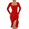 thumbnail image 2 of bbyeadc Women's Sexy Ruched Bodycon Midi Dresses Square Neck Long Sleeve Ruffle Hem Cocktail Party Dress (Red, XL), 2 of 7