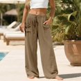 thumbnail image 5 of Siminsem Women's Cotton Linen Wide Leg Pants Elastic Waist Casual Trousers with Pockets Adjustable Drawstring Loose Fit Palazzo Summer Beach Lounge Vacation Outfits, Khaki, L, 5 of 8