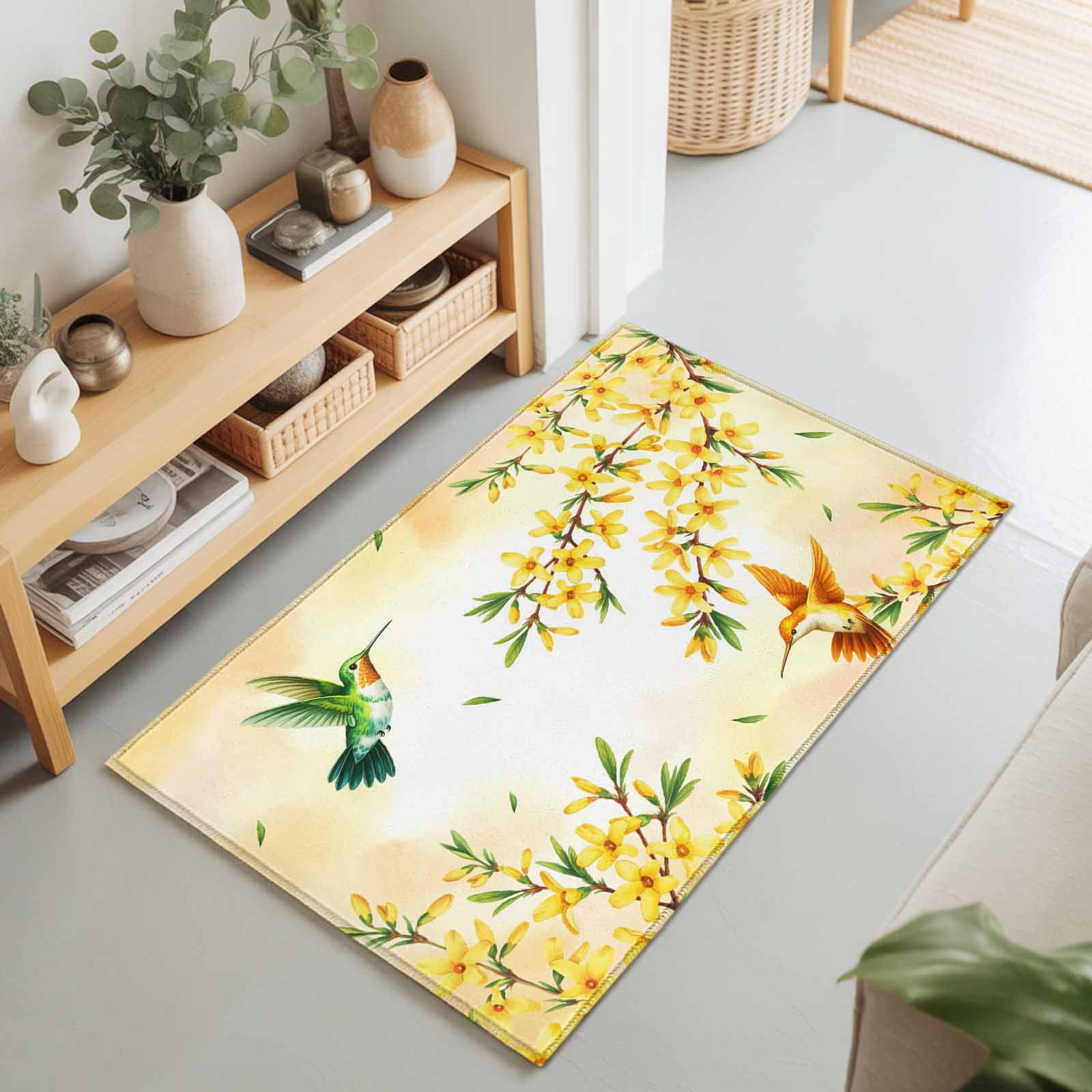 Spring Yellow Flower Hummingbird Rectangle Area Rug 2x3ft,Living Room Rug Non-Slip Washable Circle Rugs Pad,Watercolor Forsythia Floral Soft Floor Carpet for Bedroom Dining Room