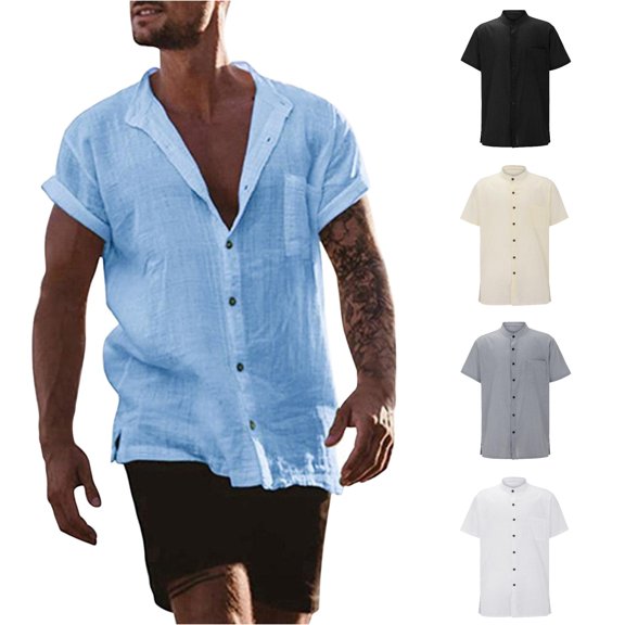 LIIPEE Summer Solid Color Shirt For Men Short Sleeve Band Collar Button Up Shirts Male Comfortable Breathable Versatile Tops,S