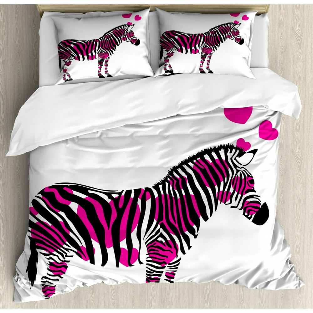Pink Zebra Duvet Cover Set, Zebra in Love Figure with Hearts Pastel