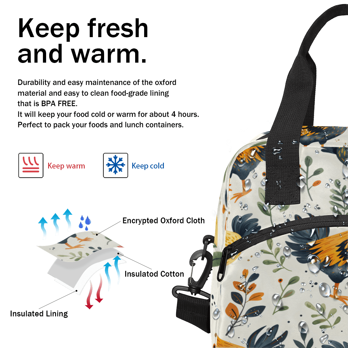 Herdesigns Rooster Insulated Lunch Bag for Women Men Adults Large Reusable Lunch Box Chicken Leakproof Cooler Tote Bags with Adjustable Shoulder Strap