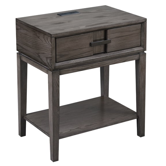 Leick Home Oak Solid Wood 1-Drawer End Table with Top AC/USB Charger, Smoke Gray