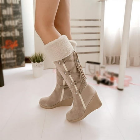 

Tdoqot Womens Snow Boots- Wedges Chunky Heel Christmas Gifts Casual Women s Mid Calf Boots Beige 41
