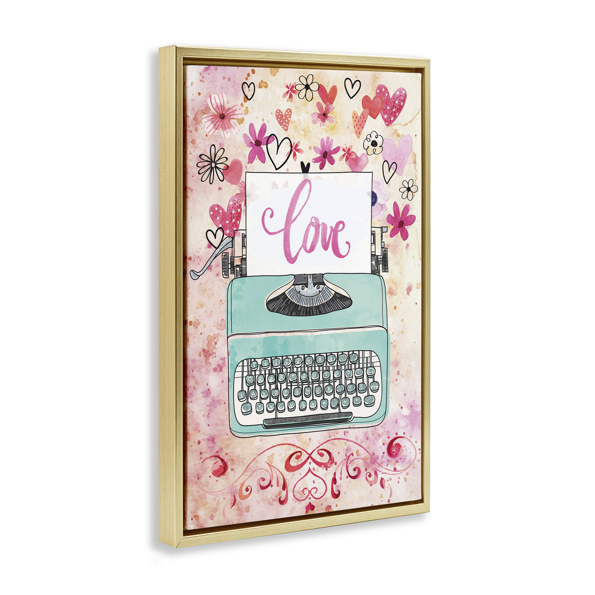 Stupell Industries Romantic Love Typewriter Typography Painting Gold Floater Framed Art Print Wall Art, 21 x 31
