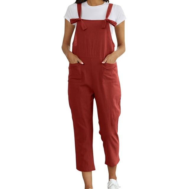 Women's Washed Linen Bib Overalls - Casual Ripped Jumpsuit Rompers - Adjustable Straps & Four Pockets