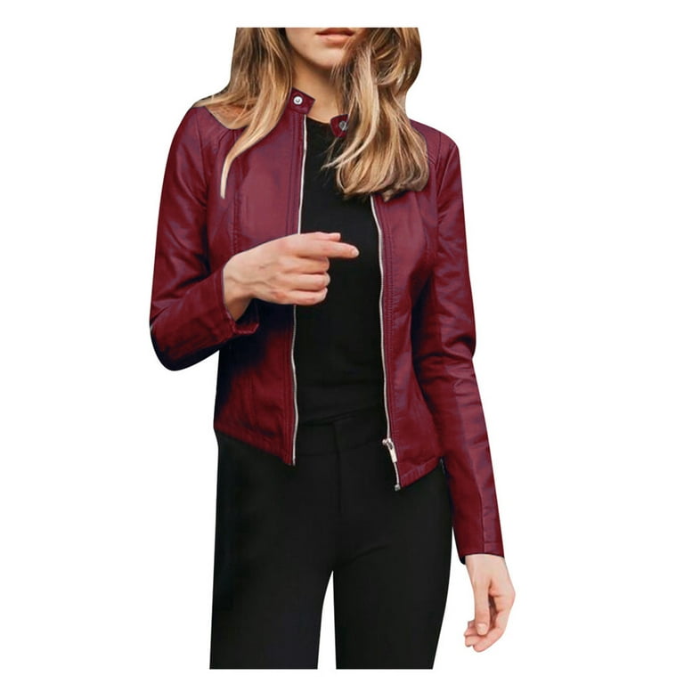 ZyeKqe Plus Size Leather Jackets for Women Long Sleeve up Button Neck Cropped Coat Outwear Solid Color Walmart.com
