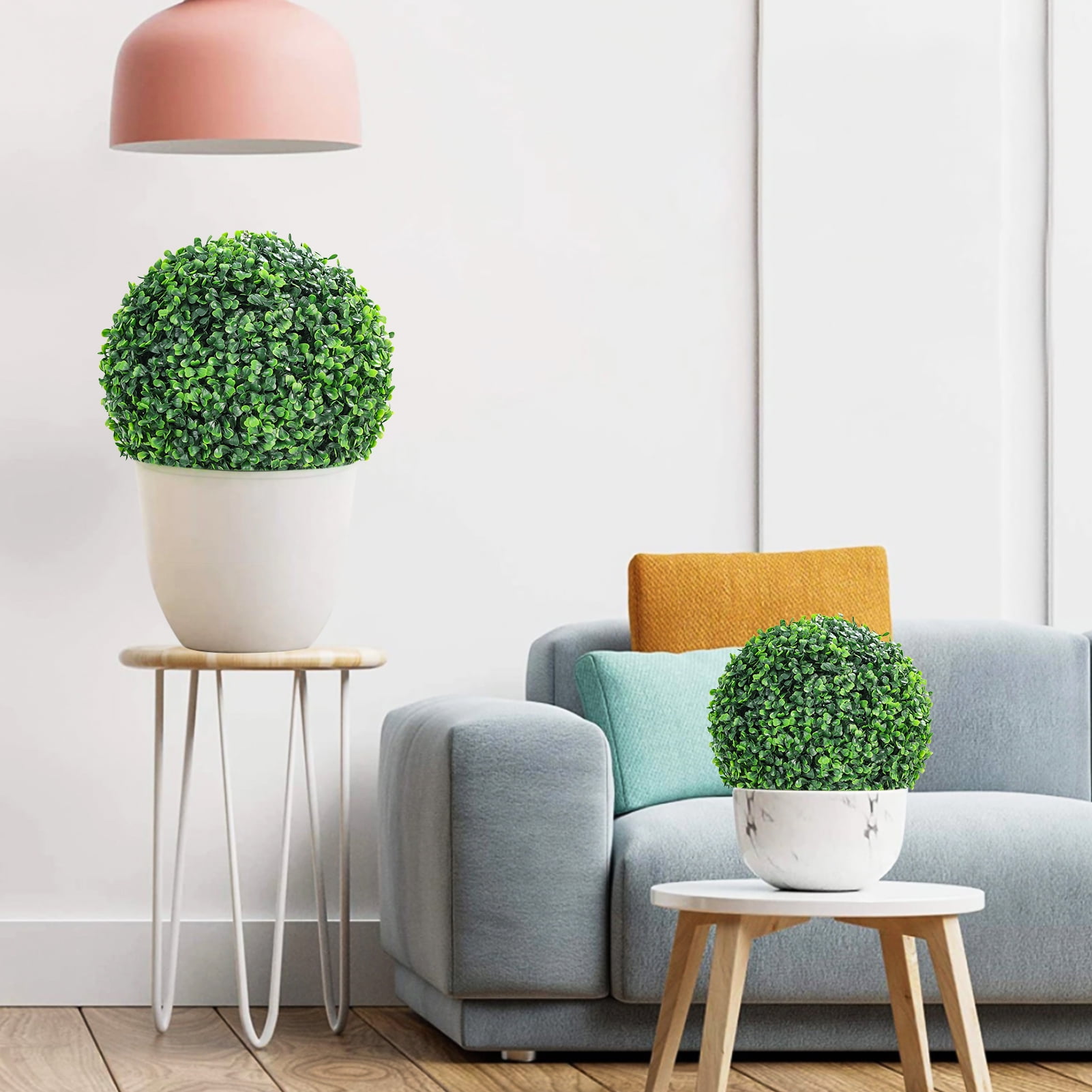 2 Pcs Faux Boxwood Balls, Artificial Outdoor Plant Topiary Balls, Fake Green Plants Decorative Spheres, for Front Porch Garden Backyard Balcony Wedding Home Decor, Green, 38cm/48cm