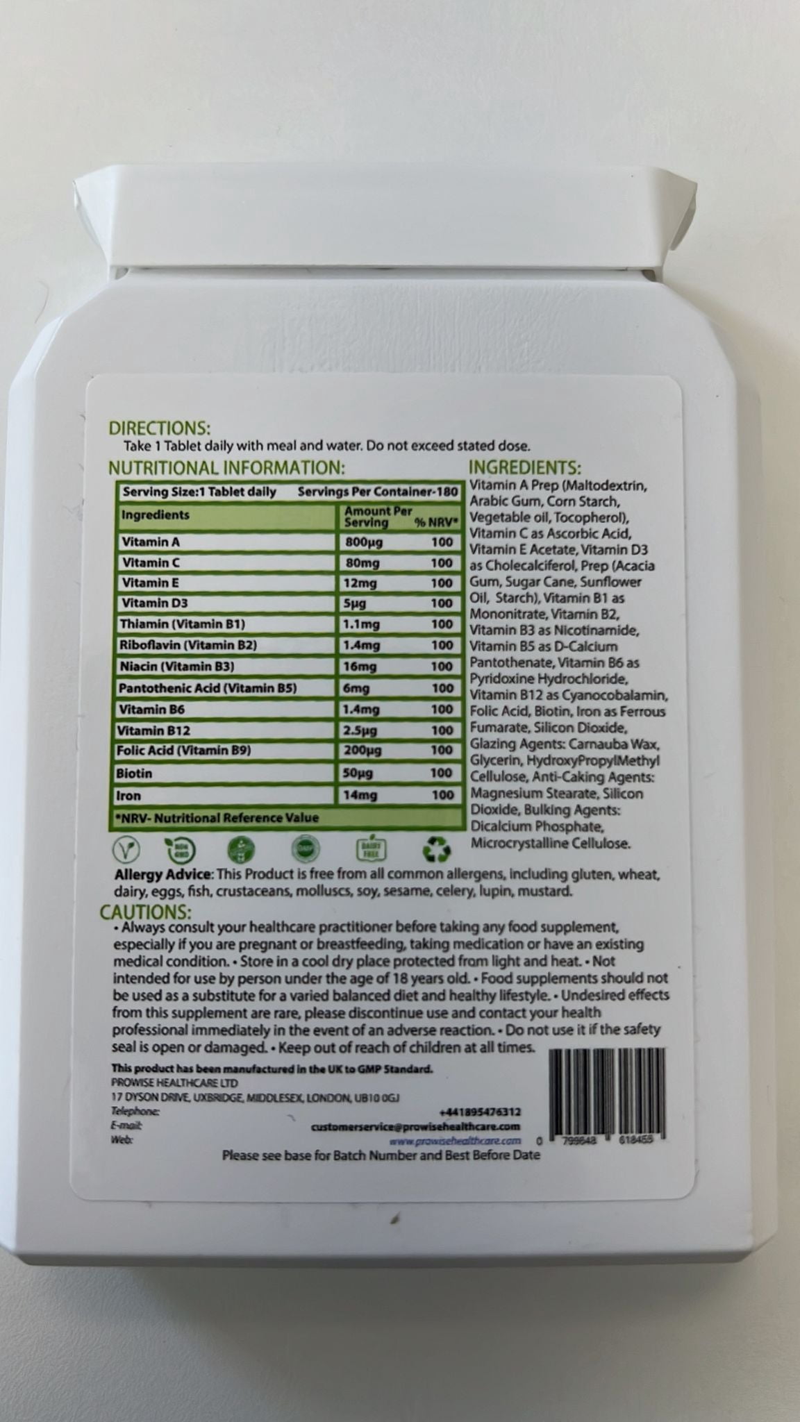 Multivitamin & Iron 180 Tablets ( 6 Months Dose ) Immune Support - One A Day Multi-Vitamin Supplement – UK Manufactured | GMP Standards by Prowise Healthcare - Suitable for Vegetarians