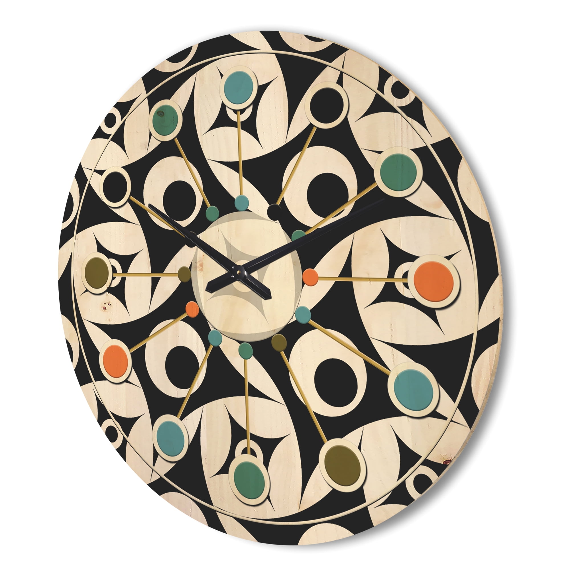 Designart 'Black and White Geometric Pattern VII' Mid-Century Modern Wood Wall Clock