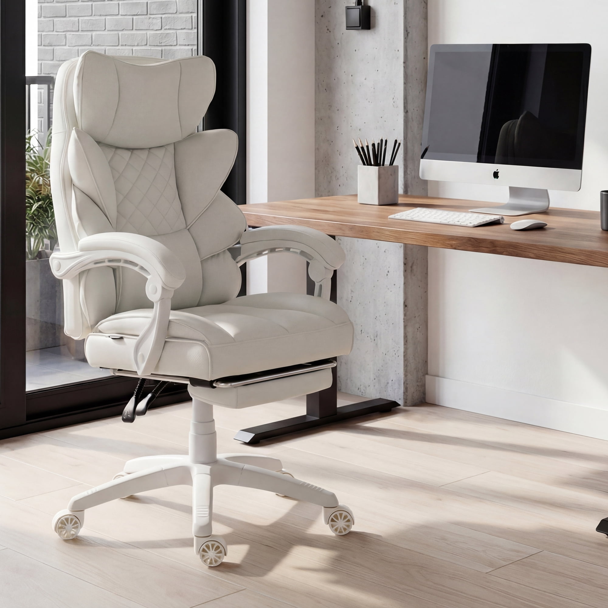 GOOSEA Adult PU High Back Indoor Residential Adjustable Seat Height and Lumbar Support Executive Chairs with Footrest, White