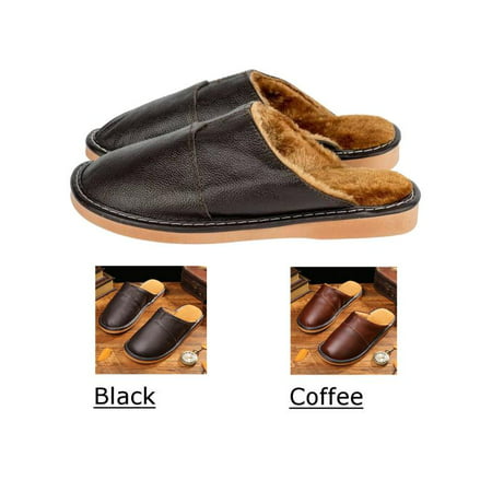 Winter Men's Fur Warm Leather Indoor Home House Slippers Vintage Classic Slip On Pumps Flats Close (Best Mens Leather House Slippers)