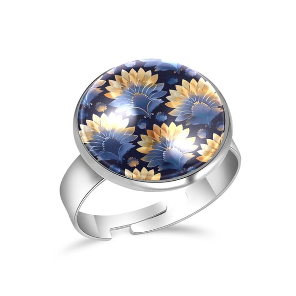 PhooArto Blue Golden Petals Pattern Stainless Steel Rings for Women, Open Adjustable Ring Promise Ring Jewelry Gifts