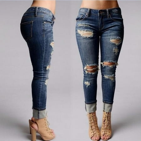 Newest Hot Women Trousers Destroyed Ripped Distressed Slim Casual Pants Boyfriend