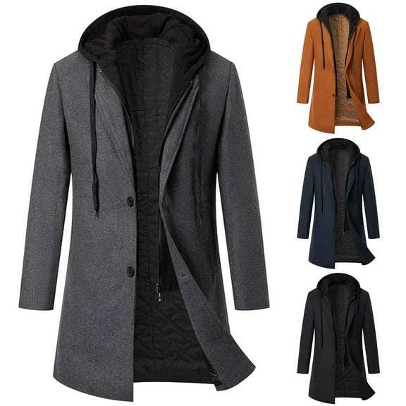 Miluxas Men's Wool Coat Hoodie Long Trench Coat Cotton Casual Woollen Overcoat Jacket Navy