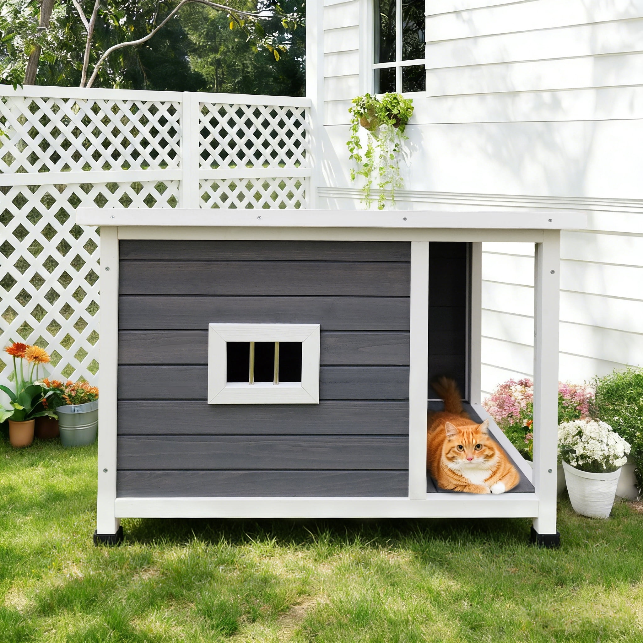 Outdoor Gray Cat House with Waterproof Roof, Ventilated Windows, and Sturdy Metal Support, Pet Shelter for Cats