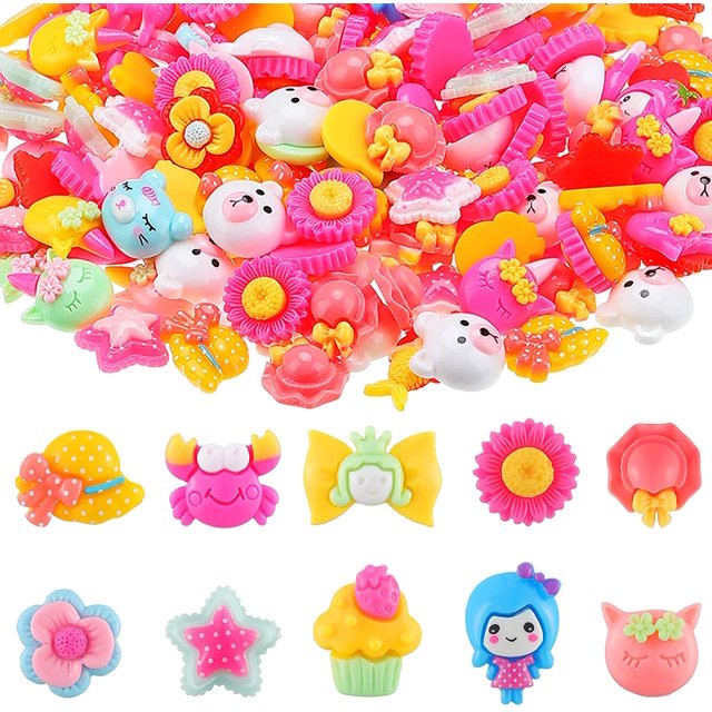 200 Pieces Assorted Resin Flatback Slim Charms Cute Set 3D Candy Flower Fruit Animal Resin Flatback Mix Lots Resin Slime Embellishments for DIY Scrapbooking Crafts Cell Phone Case Making
