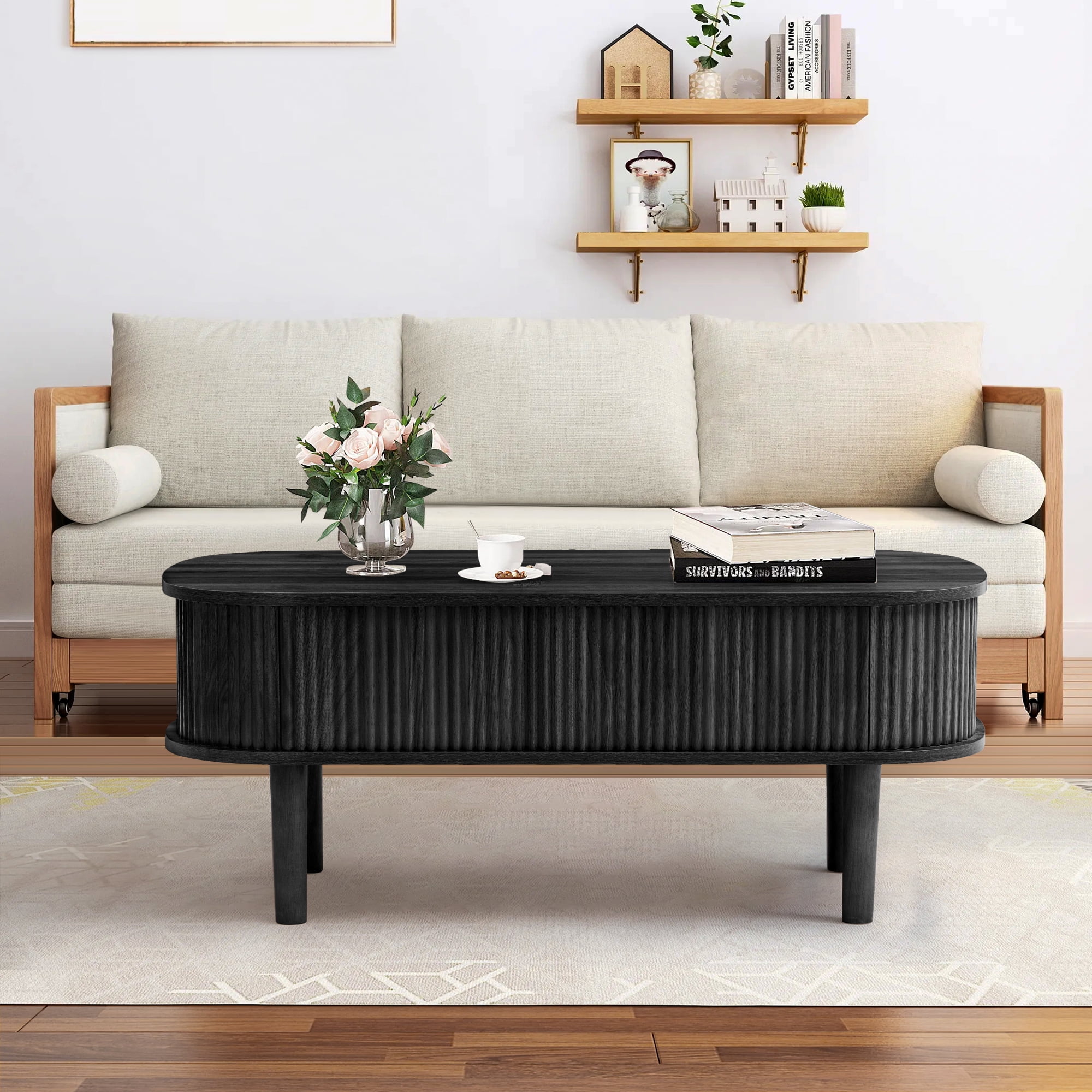 PHOYAL Wood Lift Top Coffee Table with Storage, Fluted Oval Coffee Table with Hidden Compartments for Living Room, Black
