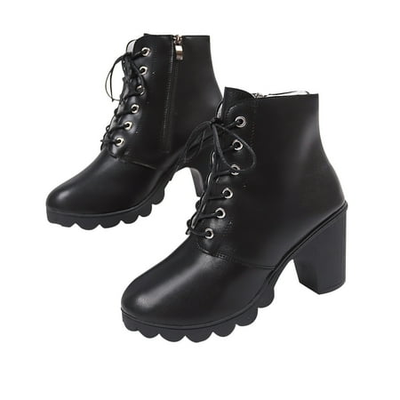 

hopeusnice Women s Lace Up Ankle Boots Chunky Heel Platform Booties Zipper Side Buckle Boots Comfortable Fall Winter Shoes Black 42
