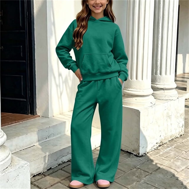 Conjunto sudadera capucha felpa y pantalón pierna ancha niño/niña, chándal 2 piezas liso, mangas largas, bolsillos, 11 colores, tallas 5-14 años.