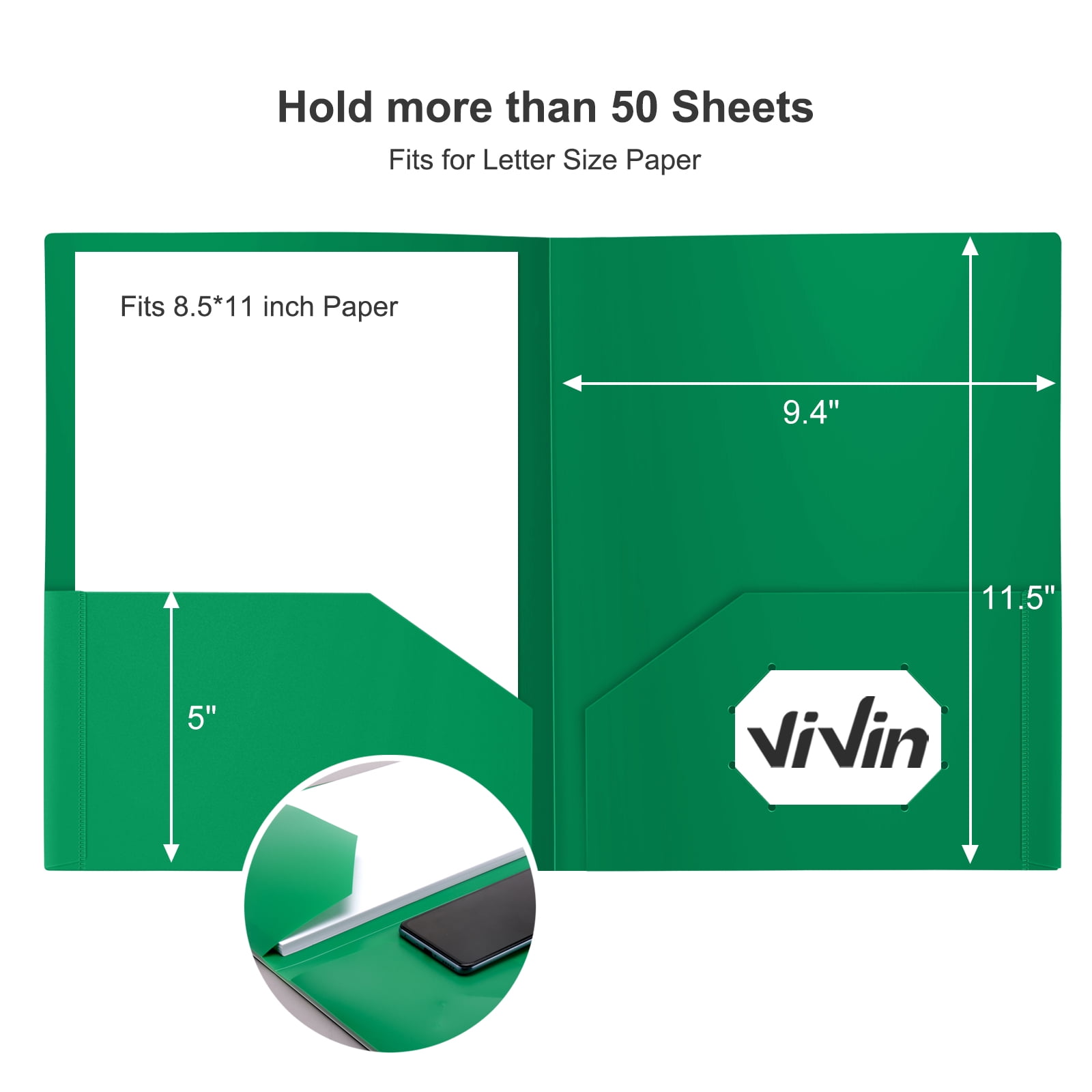 Vivin 12-Pack Sturdy Plastic Folder with 2 Pockets, Green