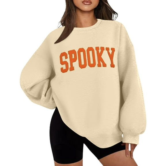 Halloween Spooky Sweatshirts Women Classic Spooky Letter Print Long Sleeve Shirt Halloween Crewneck Pullover Fall Blouse