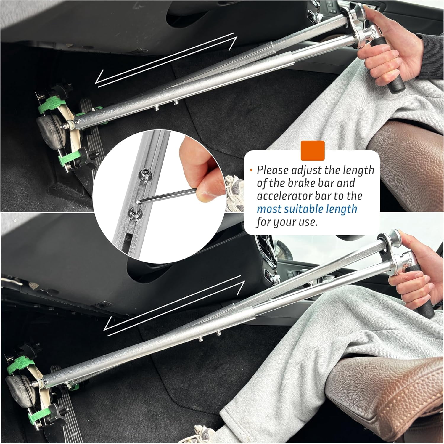OceanicEcho Handicap Driving Hand Controls for Disabled Drivers, Adjustable Car Pedal Assist Brake and Accelerator, Left or Right Hand Use, Universal Fit for Automatic Vehicles, Bright Silver