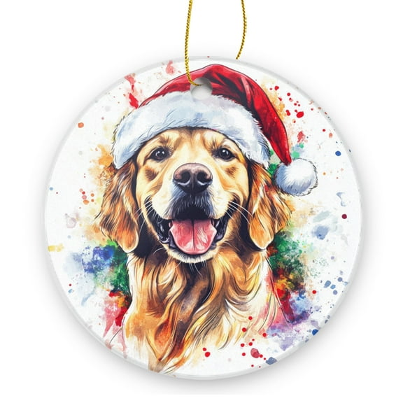 Golden Retriever Dog Wearing Santa Hat With Colorful Splatter Paint - Christmas Ornament Xmas Keepsake Ceramic Ornaments Holiday Decorations for Tree Christmas Gift Ideas 2.95in