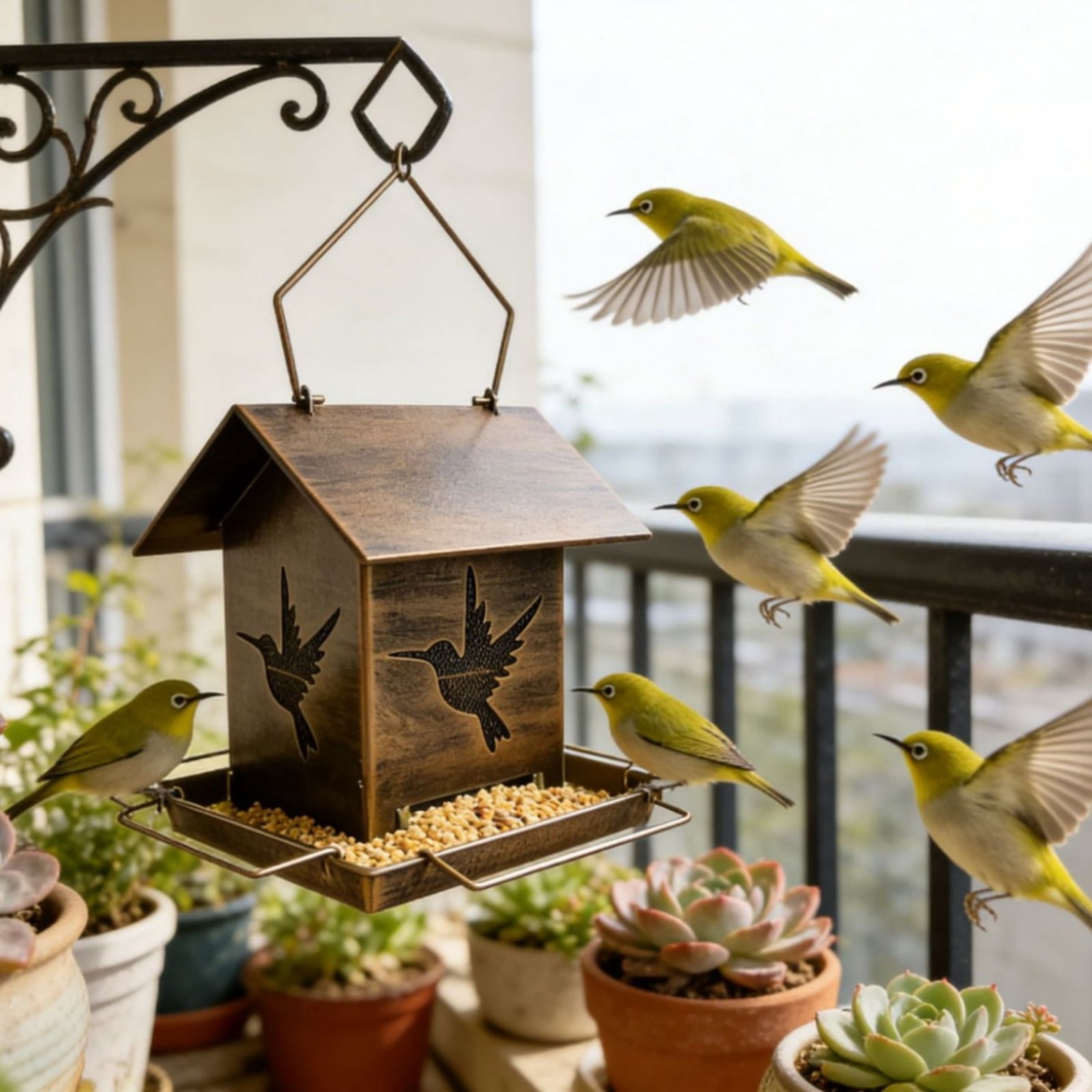 Outdoor Balcony Iron Art Hanging Bird Feeder, Rustic House - Shaped Design with Bird Motif, Easy - to - Hang Feeding Station for Wild Birds, Cardinals, Sparrows, Blue Jays, Finch, Backyard, Patio, Ga