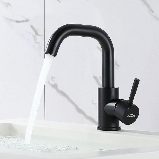 Grifo de lavabo en forma de U, grifo mezclador de agua fría y caliente, grifo de lavabo de encimera con rotación de 360 grados de acero inoxidable para baño, negro (hy)