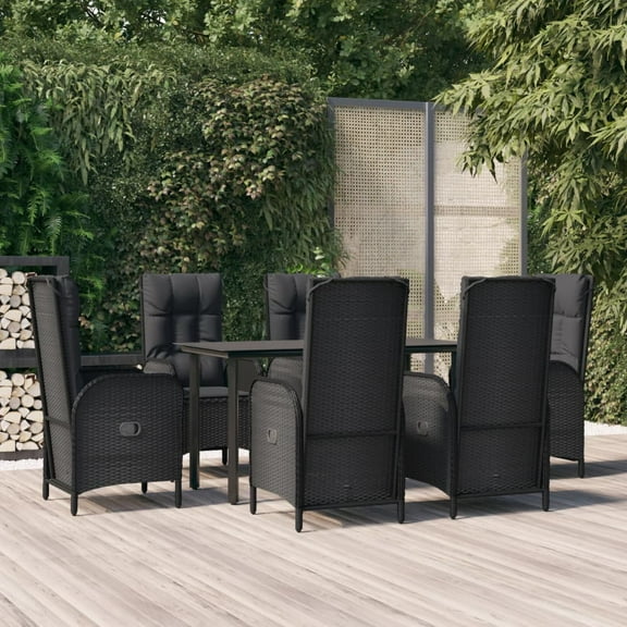 vidaXL 7 Piece Patio Dining Set with Cushions Black Poly Rattan