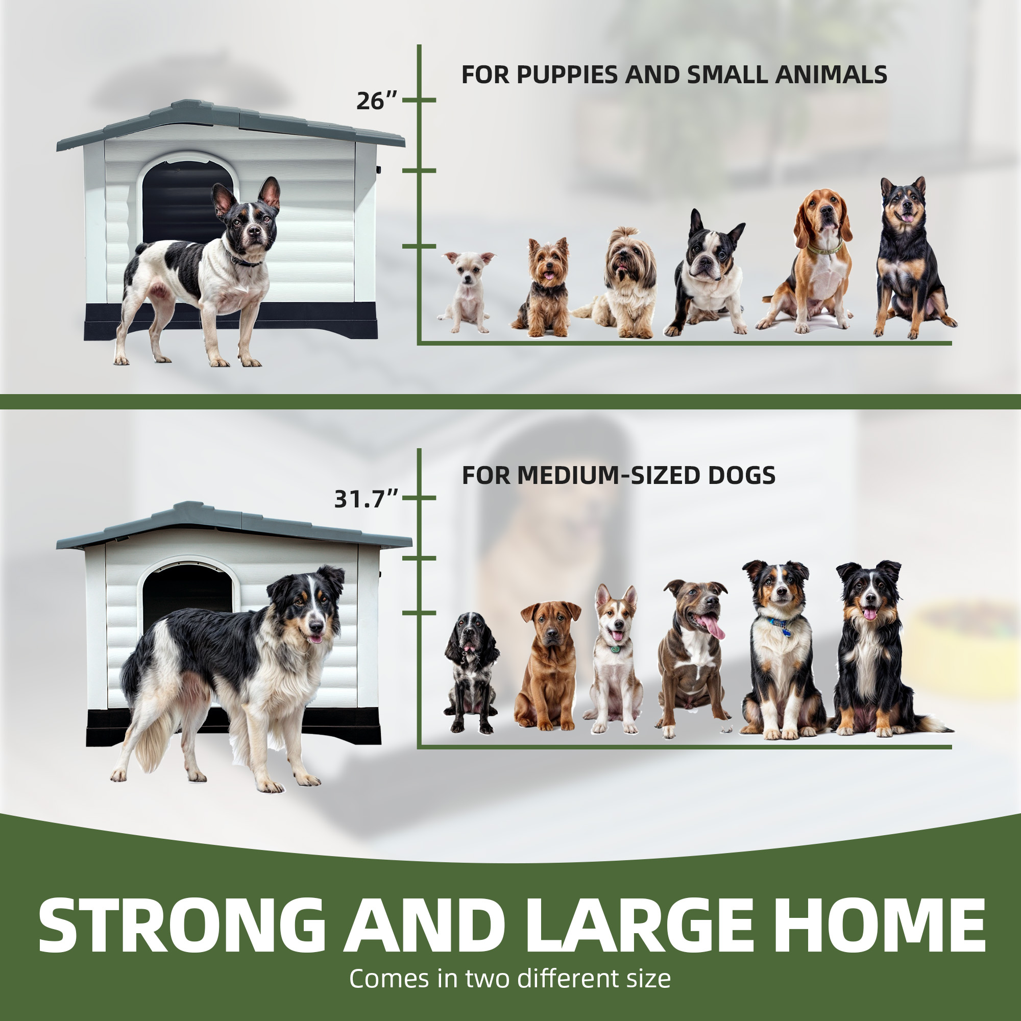 Uforic 36" Waterproof Plastic Dog House with Porch & Cushion, Outdoor Indoor Double Door Doghouse,Gray,36''Lx 27.1''Wx 26"H