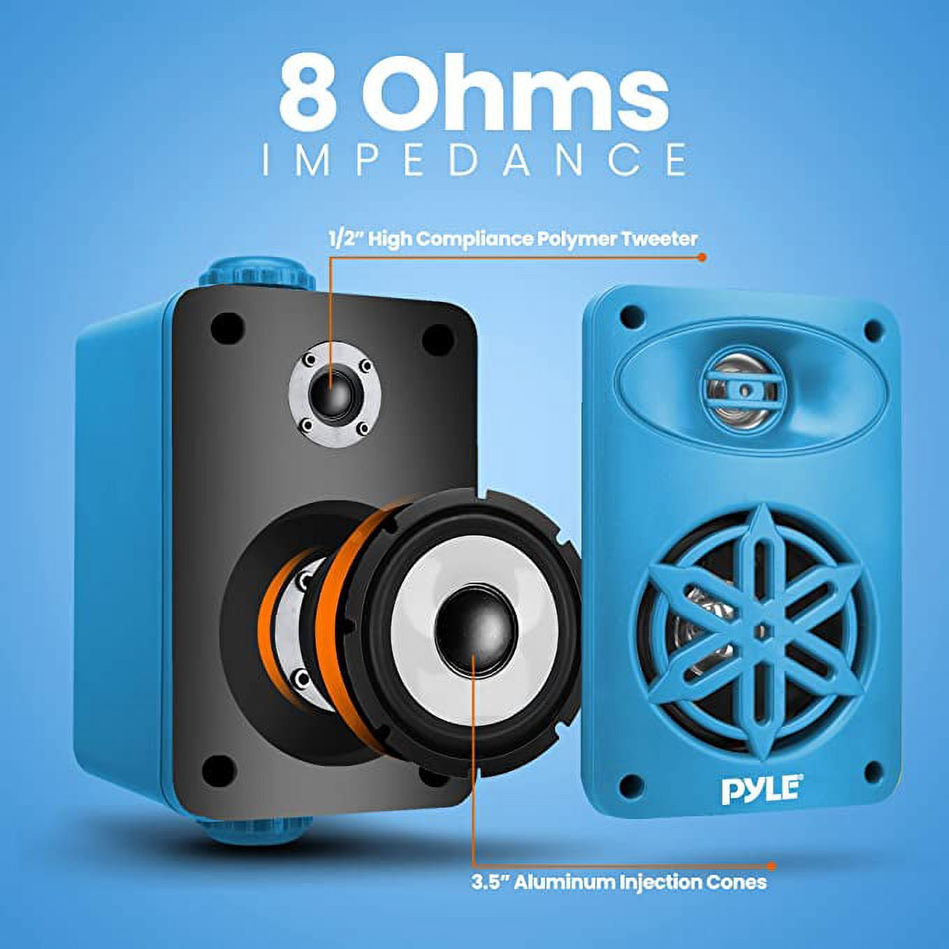Pyle Indoor Outdoor Speakers Pair - 200 Watt Dual Waterproof 3.5” 2-Way Full Range System (Blue)