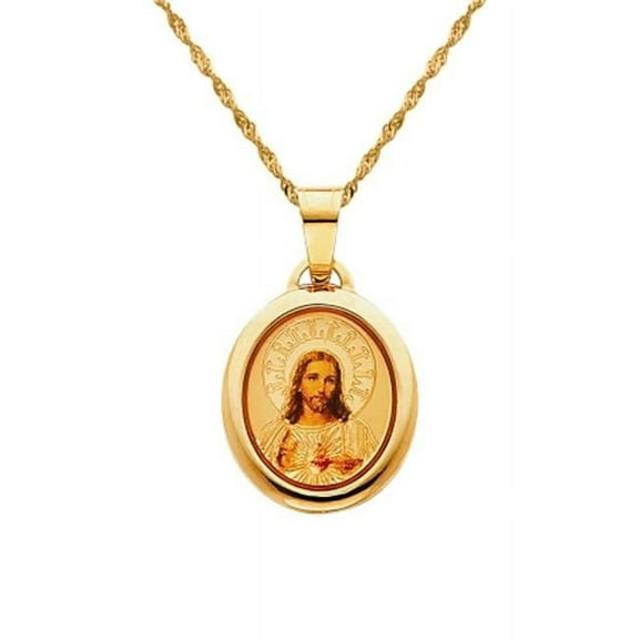 14k Yellow Solid Gold and Enamel Sacred Heart of Jesus Religious Pendant with 1.2-mm Singapore Chain