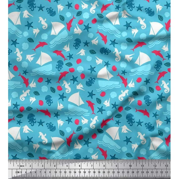 Soimoi Cotton Duck Fabric Yacht,Dolphin & Jellyfish Ocean Decor Fabric Printed Yard 42 Inch Wide