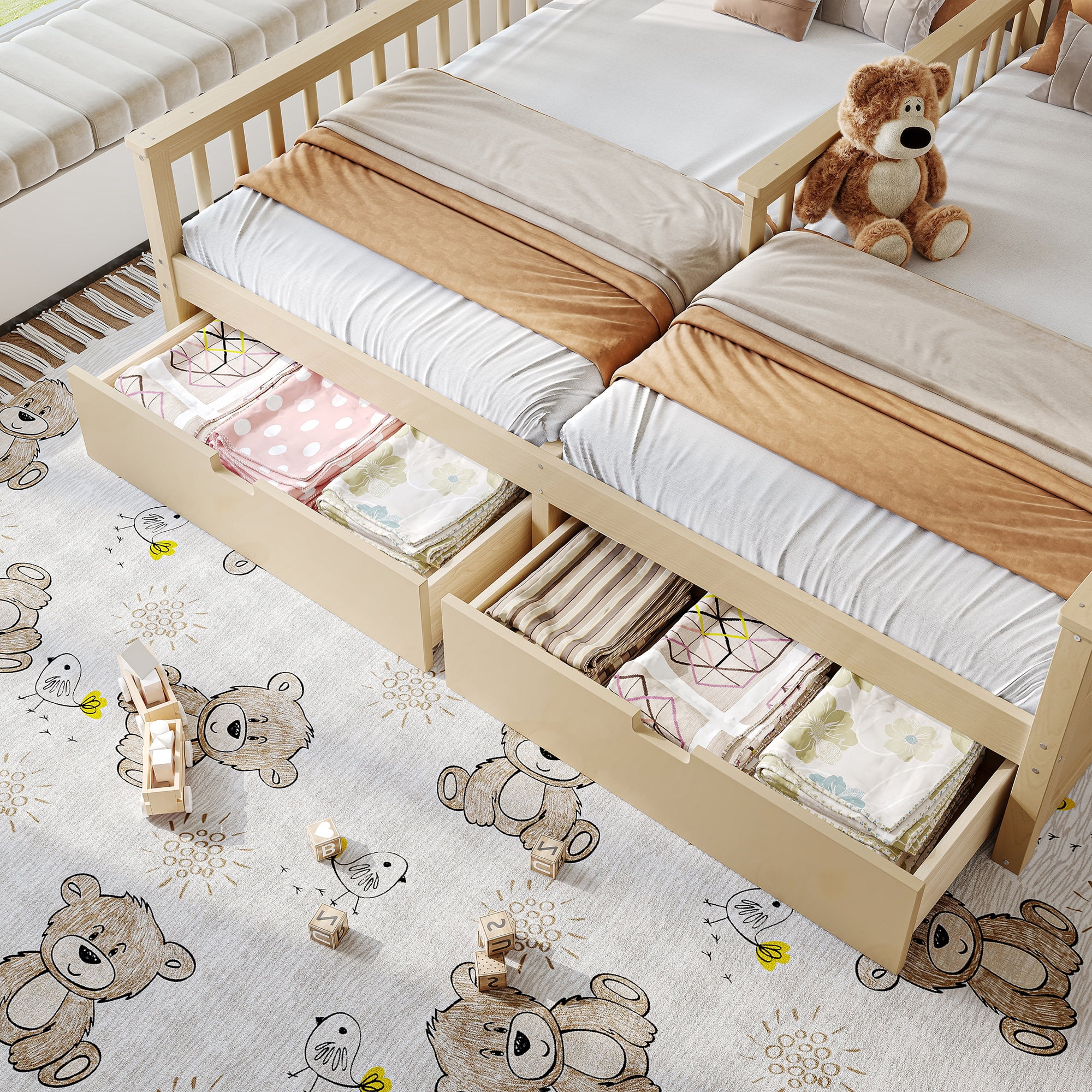 Leumius Double Twin Platform Bed Frame with Storage Shelves and Drawers, House Platform Bed with Support Slats, Childlike and Playhouse Design for Boys Girls Natural