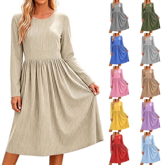 Vynhevius Womens Striped Casual Dress Crew Neck Long Sleeve with Pockets Loose Midi