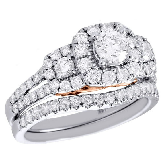 14K White Gold 3 Stone Diamond Bridal Set Split Shank Halo Wedding Ring 1.50 CT.