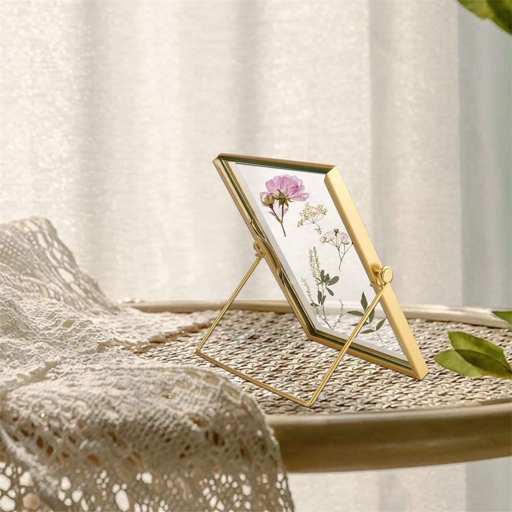 NOGIS Metal Picture Frames Vintage Minimal Ornate Floating Easel Stand Photo Frames Antique Vertical Glass Frame for Pictures Photos Desk Tabletop Display,6 Inches (Gold)