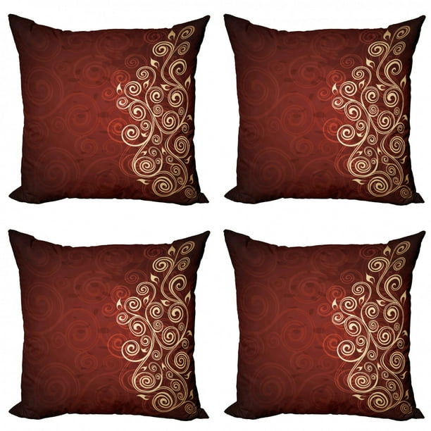 Burgundy Throw Pillow Cushion Case Pack of 4, Floral Swirls Ivy Image