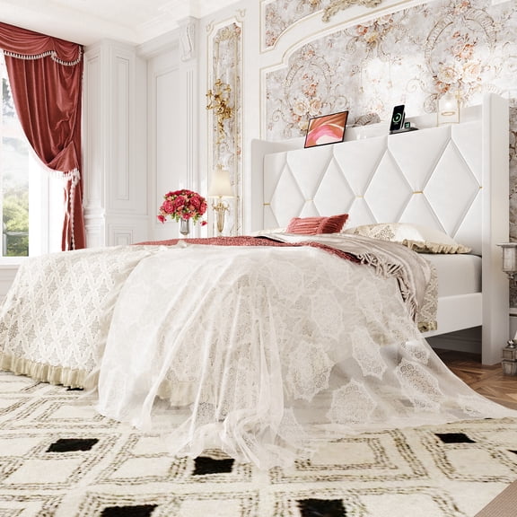 Amolife Queen Bed Frame, Upholstered Platform Bed with Storage Wingback Headboard and Fast Charging Hub, No Box Spring Required, White