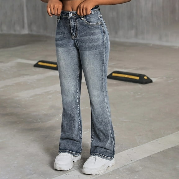 XXWXYD Girls Flared Jeans High Waisted Boot-cut Denim Pants with Pockets, Stretc𝗁y Bell Bottoms School Trousers Casual for 7-14 Years