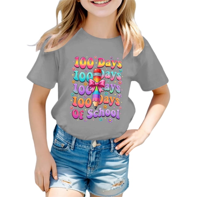 LUOGENLI Chemises Filles Taille 8 Coton T-Shirt Graphique Fille à Manches Courtes pour la Rentrée Imprimé Mignon Col Rond Haut Décontracté Chemise Confortable Gris Taille 12-13 Ans