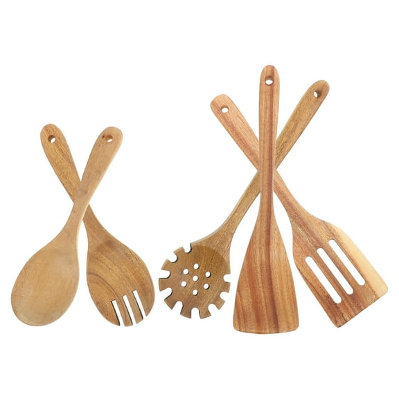 KONTONTY Wood Cooking Spoons Set of 5 Brown Kitchen Utensils for Sustainable Baking and Mixing 7.5 Inches