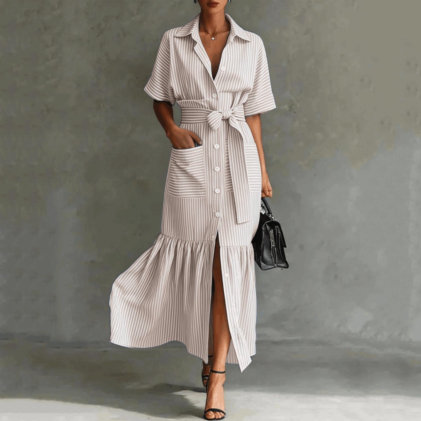 Jane Wardrobe Women's Casual Striped Short Sleeve Shirt Dress Loose Fit Midi Length Ruffled Hem Belted Waist With Pockets For Daily Brunch 1 Pc Sizes S M L XL XXL Pink Purple Blue Black Green Khaki